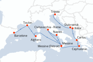 Carte de l'itinéraire de croisière Barcelone-Trieste d'une durée de 14 jours