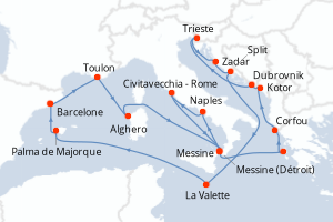 carte itinéraire croisière Asie 21 jours au départ du port de Barcelone