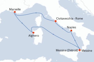 carte itinéraire croisière Sicile 7 jours au départ du port de Civitavecchia - Rome
