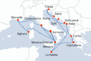 carte itinéraire croisière Sicile 21 jours au départ du port de Civitavecchia - Rome