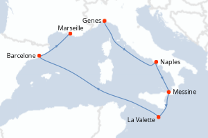 Carte itinéraire croisière Italie, Malte, , Espagne, France - 6 jours au départ de Genes - Méditerranée