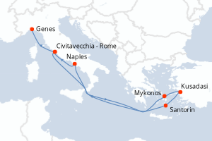 Carte de l'itinéraire de croisière Civitavecchia - Rome-Genes d'une durée de 8 jours