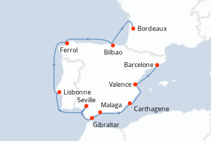Carte de l'itinéraire de croisière Bordeaux-Barcelone d'une durée de 13 jours
