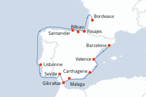 carte itinéraire croisière Garonne Dordogne 14 jours au départ du port de Barcelone