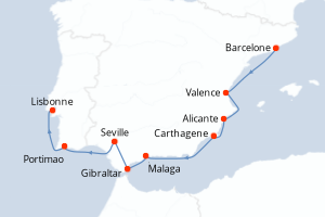 carte itinéraire croisière Atlantique 11 jours au départ du port de Barcelone