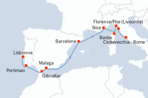 carte itinéraire croisière Atlantique 12 jours au départ du port de Civitavecchia - Rome