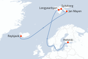 Carte de l'itinéraire de croisière Helsinki-Reykjavik d'une durée de 12 jours