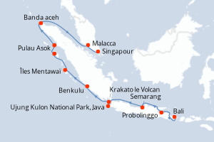 Carte itinéraire croisière Îles, villes et volcans d’Indonésie - 14 jours au départ de Bali - Asie