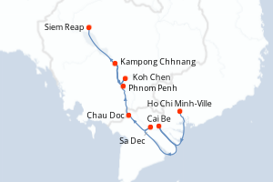 Carte de l'itinéraire de croisière Ho Chi Minh-Ville-Siem Reap d'une durée de 8 jours