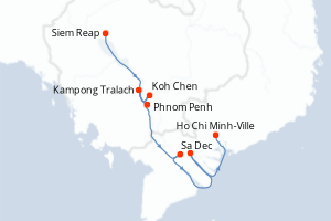 Carte de l'itinéraire de croisière Siem Reap-Ho Chi Minh-Ville d'une durée de 8 jours
