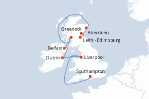Carte de l'itinéraire de croisière Southampton-Leith - Edimbourg d'une durée de 13 jours
