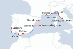 carte itinéraire croisière Méditerranée 12 jours au départ du port de Civitavecchia - Rome