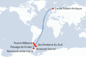 Carte de l'itinéraire de croisière Puerto Williams-Puerto Williams d'une durée de 12 jours