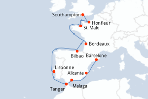 carte itinéraire croisière Europe du Nord 14 jours au départ du port de Barcelone