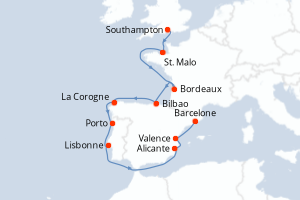 carte itinéraire croisière Europe du Nord 12 jours au départ du port de Southampton