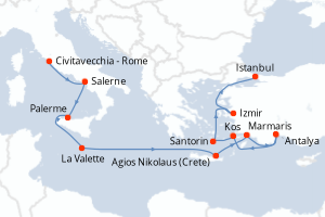 carte itinéraire croisière Sicile 12 jours au départ du port de Civitavecchia - Rome