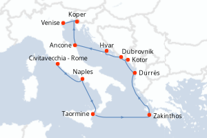 Carte de l'itinéraire de croisière Civitavecchia - Rome-Venise d'une durée de 10 jours