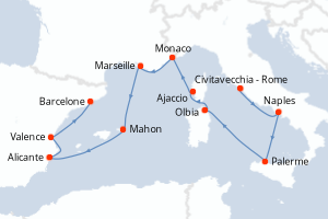 carte itinéraire croisière Sicile 10 jours au départ du port de Civitavecchia - Rome