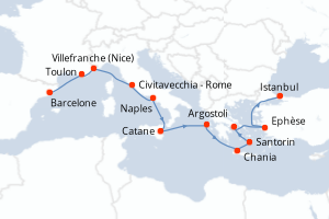 carte itinéraire croisière Sicile 12 jours au départ du port de Barcelone