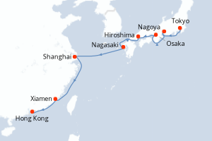 carte itinéraire croisière Asie 12 jours au départ du port de Tokyo
