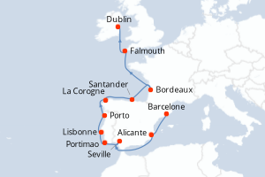 Carte de l'itinéraire de croisière Barcelone-Dublin d'une durée de 14 jours