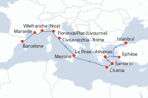 carte itinéraire croisière Sicile 12 jours au départ du port de Barcelone
