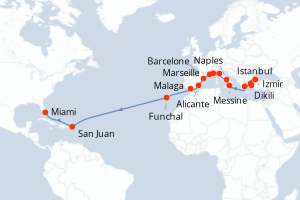 carte itinéraire croisière Transatlantique 24 jours au départ du port de Istanbul