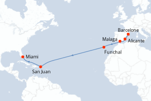 carte itinéraire croisière Transatlantique 14 jours au départ du port de Barcelone