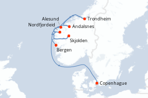 Carte de l'itinéraire de croisière Bergen-Copenhague d'une durée de 7 jours