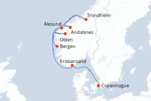 Carte de l'itinéraire de croisière Bergen-Copenhague d'une durée de 7 jours