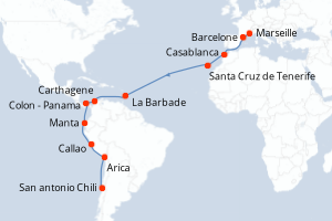 carte itinéraire croisière Transatlantique 27 jours au départ du port de Marseille
