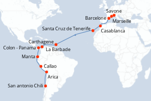 carte itinéraire croisière Transatlantique 28 jours au départ du port de Savone