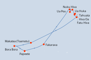 Carte de l'itinéraire de croisière Papeete-Makatea (Toamotu) d'une durée de 11 jours
