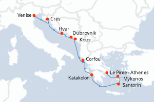 Carte de l'itinéraire de croisière Venise-Le Piree - Athenes d'une durée de 11 jours