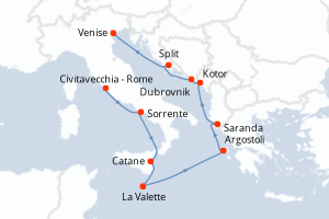 carte itinéraire croisière Sicile 10 jours au départ du port de Civitavecchia - Rome