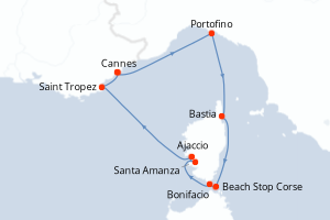 Carte de l'itinéraire de croisière Cannes-Cannes d'une durée de 6 jours