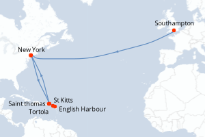 carte itinéraire croisière Transatlantique 19 jours au départ du port de Southampton