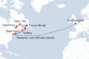 carte itinéraire croisière Transatlantique 21 jours au départ du port de Southampton