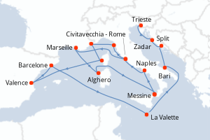 carte itinéraire croisière Adriatique 21 jours au départ du port de Civitavecchia - Rome
