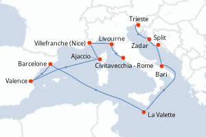carte itinéraire croisière Méditerranée 14 jours au départ du port de Civitavecchia - Rome