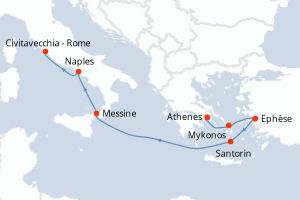 Carte de l'itinéraire de croisière Le Piree - Athenes-Civitavecchia - Rome d'une durée de 7 jours