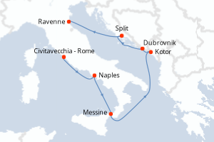 Carte de l'itinéraire de croisière Civitavecchia - Rome-Ravenne d'une durée de 7 jours