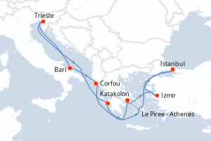 carte itinéraire croisière Méditerranée 9 jours au départ du port de Le Piree - Athenes
