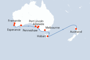 Carte de l'itinéraire de croisière Auckland-Fremantle d'une durée de 18 jours