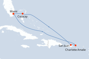 carte itinéraire croisière Caraïbes Bahamas 7 jours au départ du port de Miami