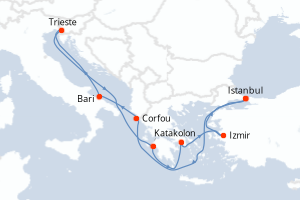 Carte de l'itinéraire de croisière Istanbul-Istanbul d'une durée de 9 jours