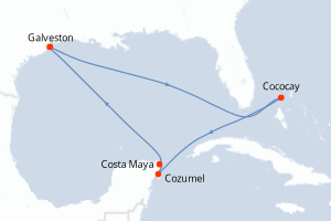 Carte de l'itinéraire de croisière Galveston-Galveston d'une durée de 8 jours