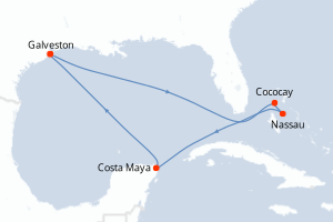 Carte de l'itinéraire de croisière Galveston-Galveston d'une durée de 8 jours