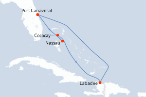carte itinéraire croisière Caraïbes Bahamas 6 jours au départ du port de Port Canaveral