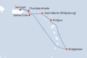 Carte de l'itinéraire de croisière San Juan-San Juan d'une durée de 7 jours